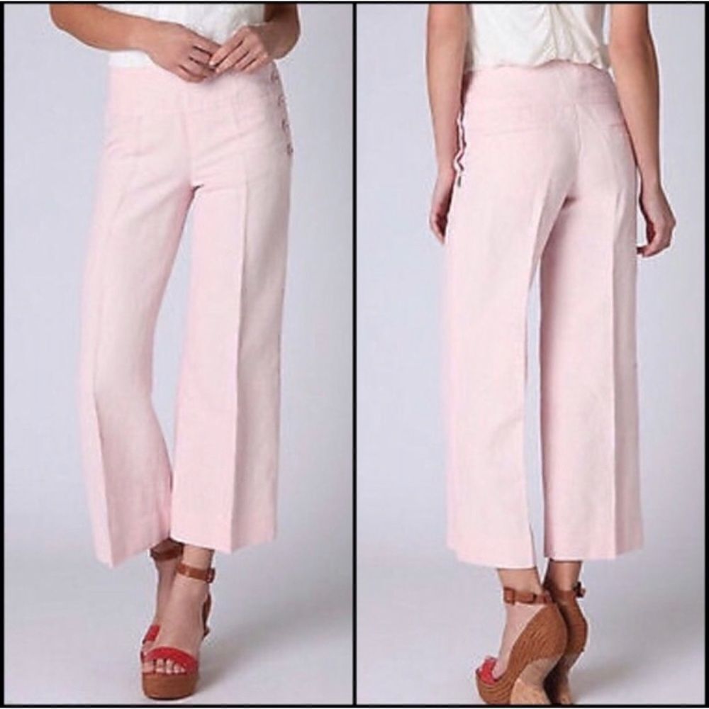 Cartonnier Anthropologie Pink Linen Cotton Blend Hannah Wide Leg Pants, Size 4